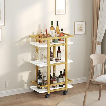 3 Tier Bar Cart, Home Bart Serving Cart with Glass Holders, Rolling Beverage Cart, Mobile Kitchen Shelf, for Home, Garden, Party, Gold BC09DW