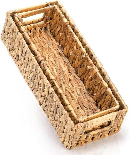 2 Pack Wicker Storage Baskets, Water Hyacinth Holder for Toilet Paper, Rectangular Natural Bins with Built-in Handles, Handwoven Organizer for Bathroom Kitchen Pantry Tank Top, 2 Sizes