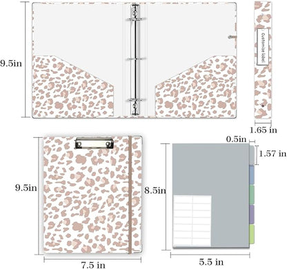 Mini 3 Ring Binder 1 Inch for 5.5"x8.5" Paper, Cute Small Three Ring Binders with Clipboard,5-Tab Dividers, Interior Pocket, Spine ID Label Holder, BVSSX A5 Binder with Pen Holder,Leopard
