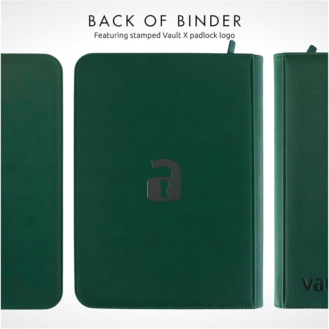 Vault X 9 Pocket Zip Binder, 360 Cards, Exo-Tec Material, 20 Side-Loading Pages (Green)