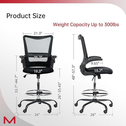 Ergonomic Drafting Chair for Standing Desk, Tall Office Chair with Height Adjustable Arms & Foot Ring, High Back Mesh Counter Stool with Rocking Function