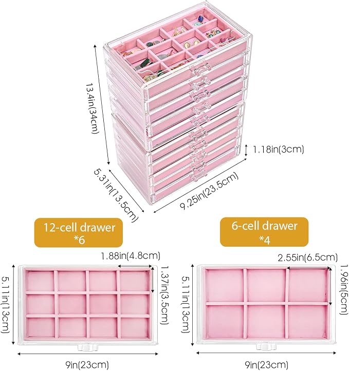 ProCase Earring Holder Organizer Jewelry Box with 10 Drawers, Acrylic Clear Earring Case with Adjustable Velvet Trays for Women - Pink, 10 Layers