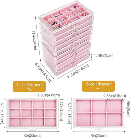 ProCase Earring Holder Organizer Jewelry Box with 10 Drawers, Acrylic Clear Earring Case with Adjustable Velvet Trays for Women - Pink, 10 Layers