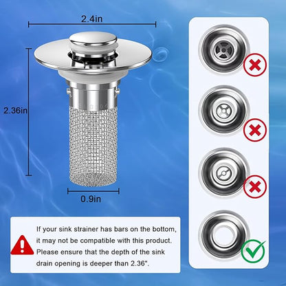 Sink Stopper Hair Catcher, Pop-up Sink Drain Strainer with Removable Stainless Steel Strainer Basket Hair Catcher, Bathroom Sink Strainer for Bathroom Sink Stopper Replacement (2, Silver)
