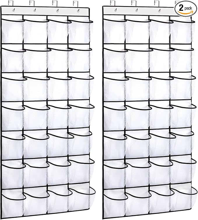 REGELETO 2 Pack 28 Pocket Over the Door Shoe Organizer, Hanging Shoe Rack for Door Large Capacity Shoe Organizer Holder with 4 Metal Hooks (White-2Pack)