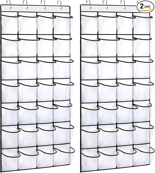 REGELETO 2 Pack 28 Pocket Over the Door Shoe Organizer, Hanging Shoe Rack for Door Large Capacity Shoe Organizer Holder with 4 Metal Hooks (White-2Pack)