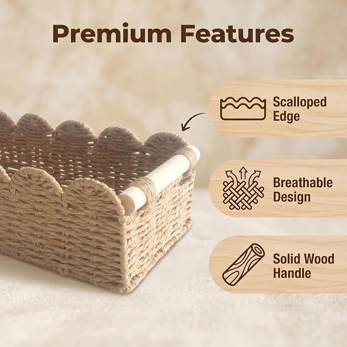 2-Pack Scalloped Woven Paper Rope Baskets with Wood Handles – Toilet Paper Storage Basket for Tank & Counter, Decorative Bins for Bathroom, Shelves, and Living Room
