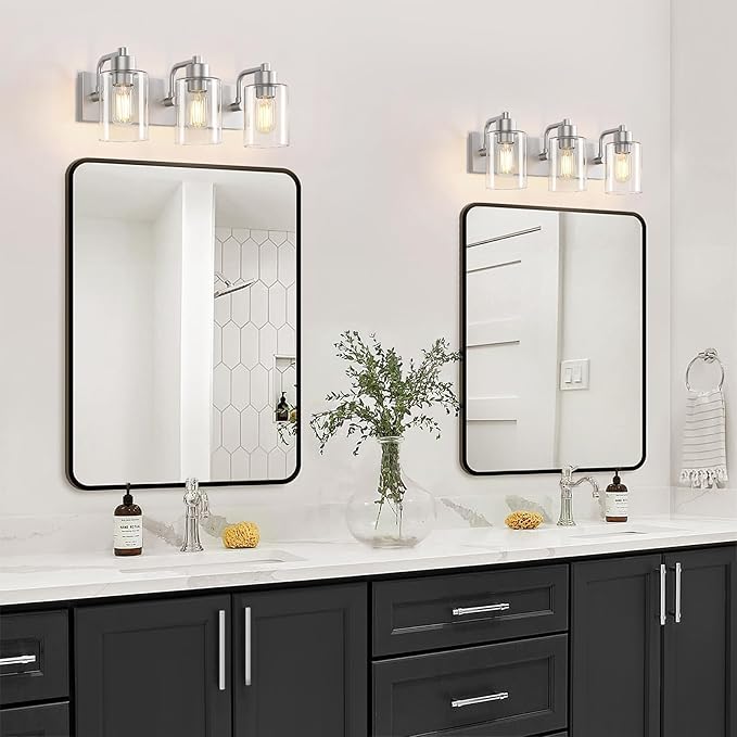 Brushed Nickel Bathroom Light Fixtures, Wall Mounted 3-Light Bathroom Lights Over Mirror with Clear Glass Shade,Wall Sconces for Kitchen Living Room Bedroom