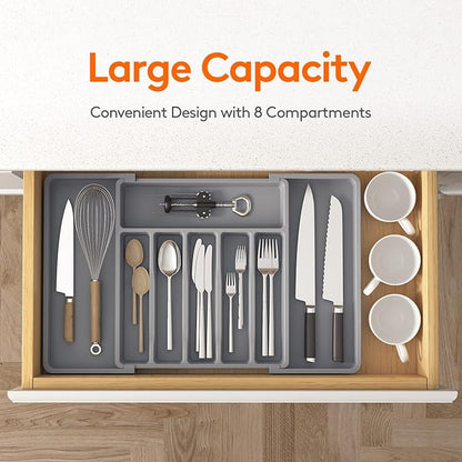 Lifewit Silverware Drawer Organizer, Expandable Utensil Tray for Kitchen, BPA Free Flatware and Cutlery Holder, Adjustable Plastic Storage for Spoons Forks Knives, 13-22 x 15", Grey