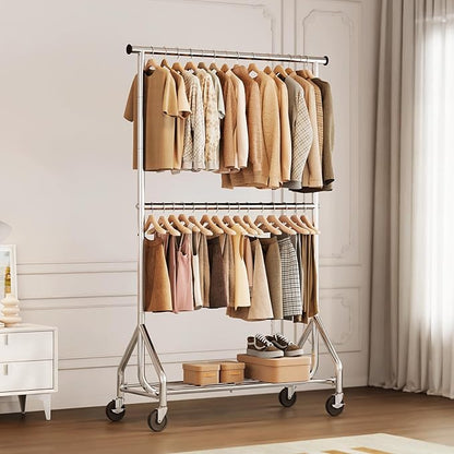 HYSEYY Heavy Duty Clothes Rack, Double Rod Clothing Rack for Hanging Clothes, Rolling Garment Rack, Adjustable Freestanding Wardrobe Closet Coat Rack for Bedroom Laundry Living Room, Silver