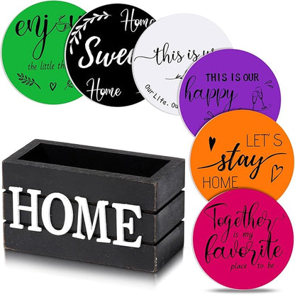 Queekay Coasters Set of 6 House Warming Gifts New Home Wooden Farmhouse Drink Coasters with Holder 4'' Funny Decoration for Kitchen Family Coffee Bar Tabletop Protection(Bright Color)