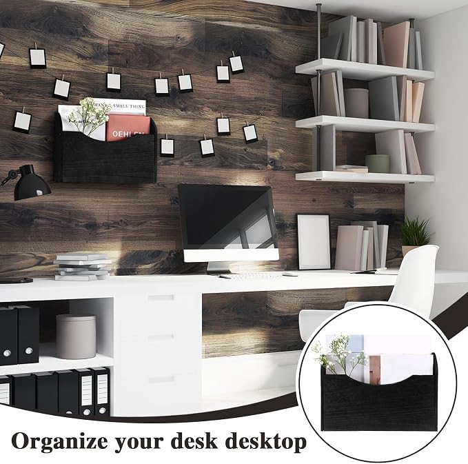 Suzile Wall Mounted File Holder Wood Magazine Holder Wall Hanging File Organizer for Office Mail Magazine Letter Paper Folder Organization (Black)