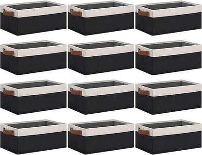 GhvyenntteS Storage Baskets for Shelves 12 Pack, Fabric Storage Bins with Leather Handles, Foldable Rectangular Storage Baskets for Organizing Home, Office (Black/White, 11.8" x 7.87" x 5.11")