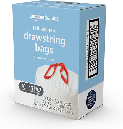 Amazon Basics Tall Kitchen Drawstring Trash Bags, Clean Fresh Scent, 13 Gallon, Odor Control, 0.9 mil Thickness, 80 Count (Previously Solimo)