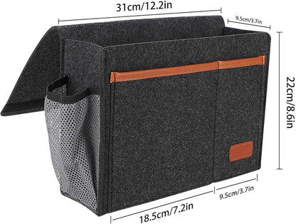 Bedside Caddy, Bed Storage Organizer for Remote Controller, Books, Magzine, Laptop Holder, 12.4'' x 8.6'' inch Bedside Hanging Felt Storage Bag for Dorm Bed with 5 Pockets, Dark Gray
