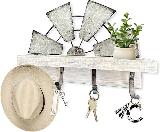 Windmill Key Holder Wall Mount, Decorative Wall Mounted Key and Mail Rack with Shelf, Farmhouse Wall Decor, 4 Rustic Hooks for Coats & Keys, White Western Key Holder.