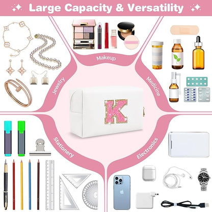 Small Personalized Initial A-Z Patch Makeup Bag,White Cute PU Leather Glitter Letter Cosmetic Bag for Teen Girls,Travel Toiletry Bag with Zipper,Preppy Monogrammed Birthday Gift for Daughter Niece K