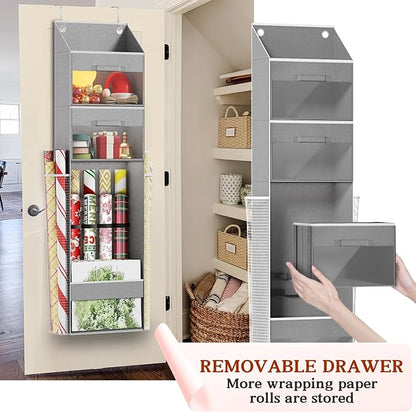 Light Grey Over Door Wrapping Paper Organizer Storage with 3 Removable Drawers & Side Pockets –Dual Use Design with Elastic Straps Wrap Storage for Ribbons,Bows,Ornament and Other Tools