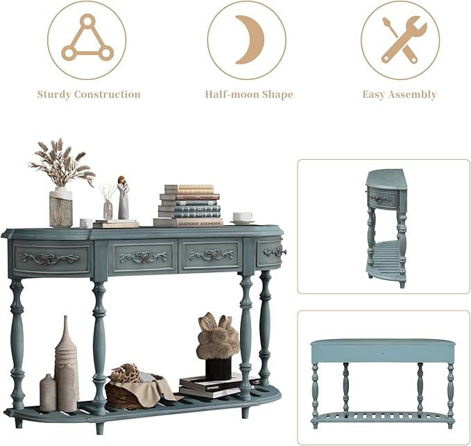 HMFULE Retro Curved Console Table, 52" Solid Wood Half Moon Console Table Sofa Table with 4 Drawers 1 Open Shelf for Living Room,Entryway,Hallway,Antique Blue