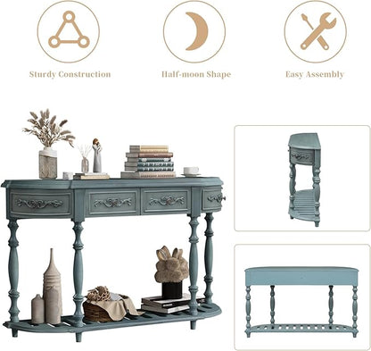 HMFULE Retro Curved Console Table, 52" Solid Wood Half Moon Console Table Sofa Table with 4 Drawers 1 Open Shelf for Living Room,Entryway,Hallway,Antique Blue