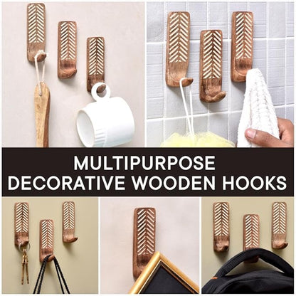 Indian Shelf Boho Decorative Wood Adhesive Wall Hooks for Hanging Coats, Keys, Leash, Hat, Towel Holder, Cute Sticky Key Holder, White and Brown Western Wall Décor (3 Hooks 6 Strips)