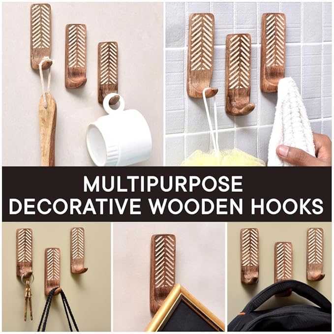 Indian Shelf Boho Decorative Wood Adhesive Wall Hooks for Hanging Coats, Keys, Leash, Hat, Towel Holder, Cute Sticky Key Holder, White Brown Western Wall Décor (6 Hooks 12 Strips)
