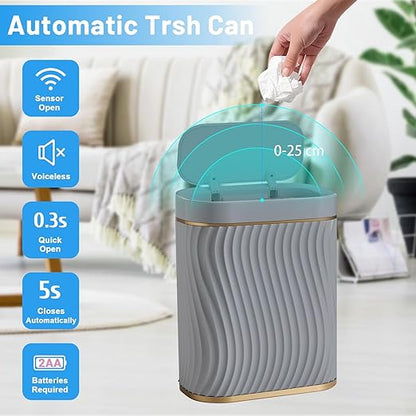 Bathroom Small Trash Can with Automatic Touchless Lid, 2.6 Gallon Smart Garbage Can Narrow Waterproof Trash Bin for Bedroom, Office, Living Room