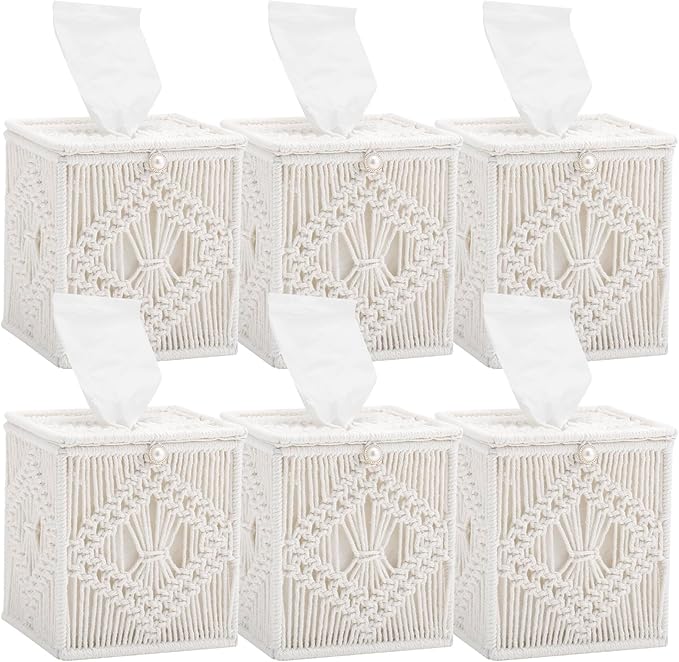 Macrame Tissue Box Cover, 6 Pack Square Boho Decor Tissue Holder, Handmade Woven Cotton Rope Organizer with Open Bottom for Bedroom, Bathroom, Living Room, Office - Ivory