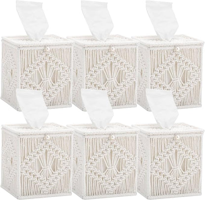 Macrame Tissue Box Cover, 6 Pack Square Boho Decor Tissue Holder, Handmade Woven Cotton Rope Organizer with Open Bottom for Bedroom, Bathroom, Living Room, Office - Ivory