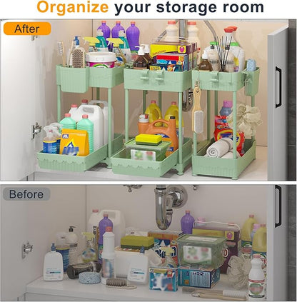 Sevenblue 3 Pack Under Sink Organizers, 2-Tier Multi-Use Kitchen and Bathroom Organizers and Storage with Sliding Drawers, Bathroom Cabinet Organizer (Green, 14.8 Inch)