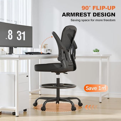 Ergonomic Drafting Chair, Tall Office Chair with Flip-up Armrests, Breathable Mesh High Desk Chair with Lumbar Support Adjustable Footrest Ring for Standing Desk Black