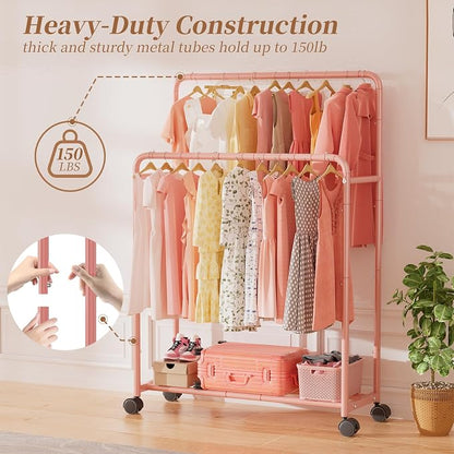 Simple Trending Clothing Clothes Rack Double Rods with Wheels, Rolling Metal Garment Rack for Hanging, Pink