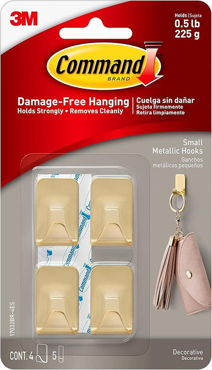 Command Small Metallic Wall Hooks, Total 16 Hooks with 20 Strips (8-Pack of 4 Hooks), Holds up to 0.5 lb, Brass Color, Removable Self Adhesive Hooks, Great for Wall Décor