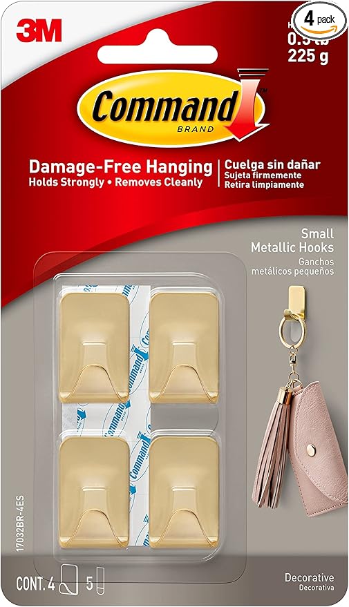 Command Small Metallic Hooks Brass Color, 4 Hooks and 5 Strips, Damage-Free Wall Hook with Adhesive Strips, No Tools Great for Hanging Home Decor, Holds up to 0.5 lb