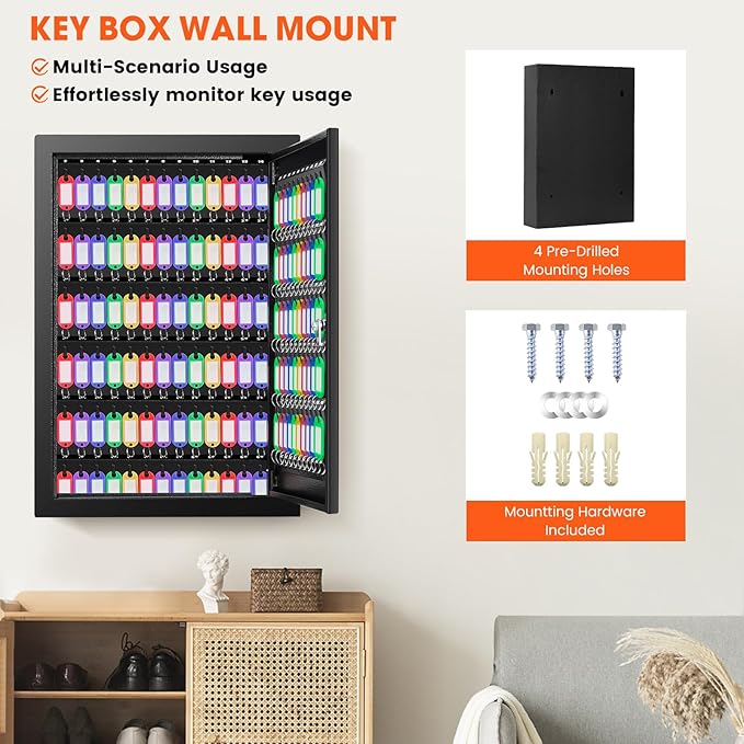 125 Position Key Cabinet Wall Mount with Anti-Theft Deposit Key Slot, Key Box Organizer with Key Hooks & 125 Tags Key Labels, Key Safe for Hotels & Office & Companies & Car Dealerships
