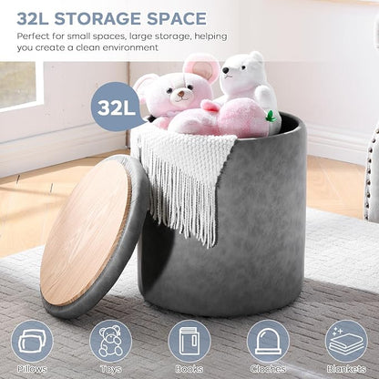 oakvivo 12.6" W x 14.17" H & 14.76" W x 17.32" H Storage Ottoman Foot Stool for Couch, Nesting Round Vanity Stools Padded Ottomen, Leather Set of 2 Footrest for Living Room,Grey