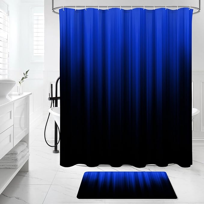 4 Pcs Royal Blue and Black Gradient Shower Curtain Set with Rugs and Toilet Lid Cover, Modern Simple Waterproof Fabric Bathroom Set, Ombre Stripe Gothic Abstract Bathroom Decor Set Accessories