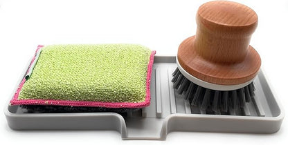 Happitasa Silicone Soap Dish Tray and Sponge Holder with Drain Chute | Bathroom and Kitchen Sink Organizer Caddy (Light Grey, 9"x3.5", 5.6 Ounces)