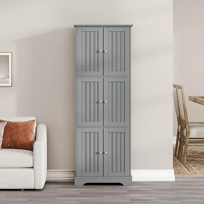 ChooChoo Tall Bathroom Storage Cabinet with 6 Doors, Freestanding Floor Cabinet with Adjustable Shelves, Grey Pantry Cabinet for Bathroom, Kitchen, Laundry Room