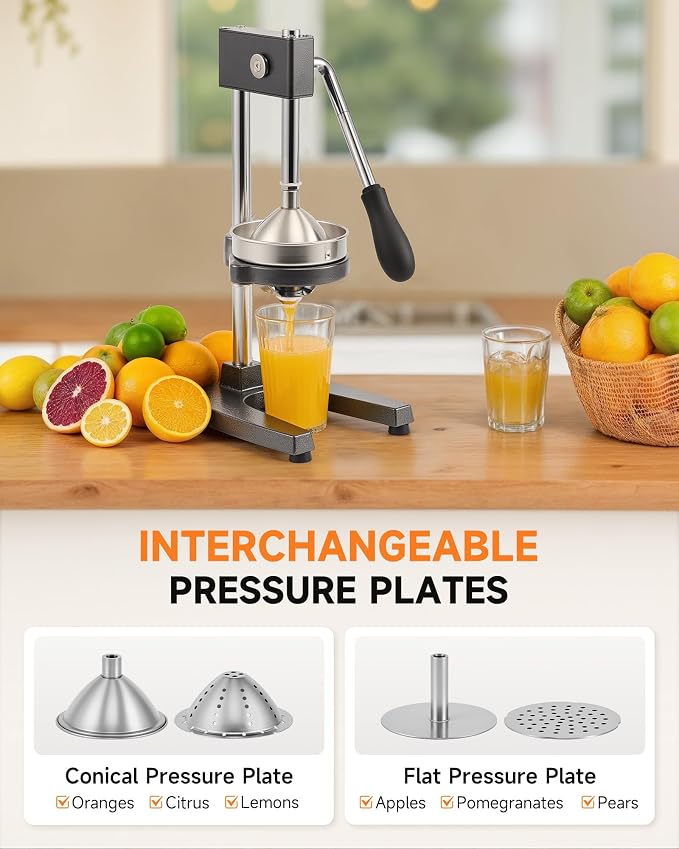 CO-Z Manual Citrus Juicer, Heavy-Duty Manual Juicer with Conical & Flat Pressure Plates, Professional Lemon Squeezer for Orange Pom Lime Lemon Juice, Dishwasher Safe Orange Juice Press, Gray