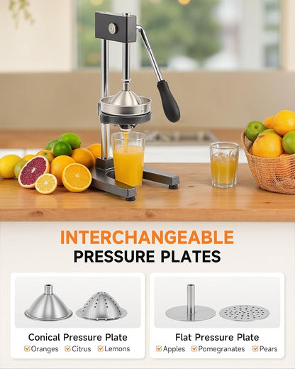 CO-Z Manual Citrus Juicer, Heavy-Duty Manual Juicer with Conical & Flat Pressure Plates, Professional Lemon Squeezer for Orange Pom Lime Lemon Juice, Dishwasher Safe Orange Juice Press, Gray