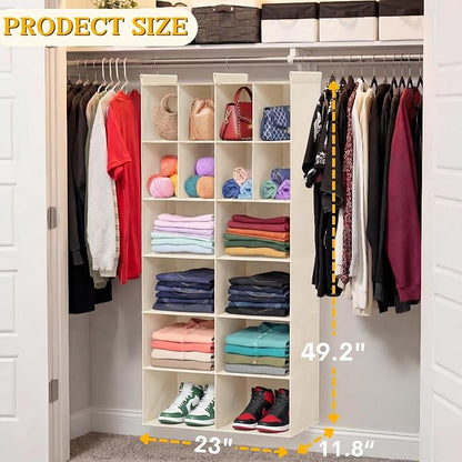 Ofiray-home 6 Tier Hanging Closet Organizer, 16 Compartments Sweater Organizer for Closet with 3 Sturdy Hooks, Closet Organizers and Storage, Wardrobe, Rv, Garment Rack, Beige