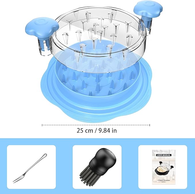 Chicken Shredder Tool Twist Large Chicken Breast Shredder with Brush&Fork, Visible Meat Shredder Machine, Strong Anti-Slip Strip, Ergonomic Handle, BPA Free, Suitable for Pork Beef Chicken(Sky Blue)