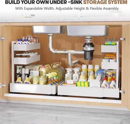 Expandable Under Sink Organizer with 3 Ball-Bearing Slide Rails, 2-Tier Pull-Out Under Cabinet Storage Shelf for Kitchen & Bathroom, Height-Adjustable Slide-Out Cabinet Drawer （White, 1-Pack）