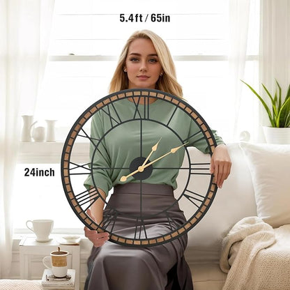 Micasso Non-Ticking Large Wall Clock : 24inch Modern Metal Black with Solid Wood Frame Silent Clock for Living Room/Bedroom/Kitchen - Home Decor for Fashion-Conscious (Style 2, 24-Inch)