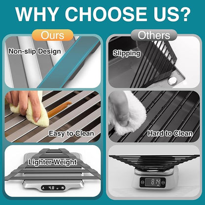 COOL-ANGLE Corner Sink Drying Rack, 16"x9.5" Rust-Proof Aluminum Triangular Dish Drainer, Heat Resistant Roll Up Mat for Kitchen Counter, Sponge Holder & Organizer with Non-Slip Silicone Base, Gray