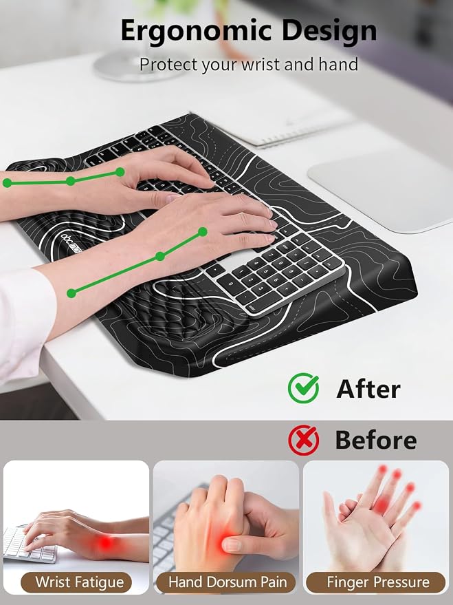 2-in-1 Ergonomic Keyboard Stand with Wrist Rest, Comfy Keyboard Riser Holder with Massage Design, Black Topographic