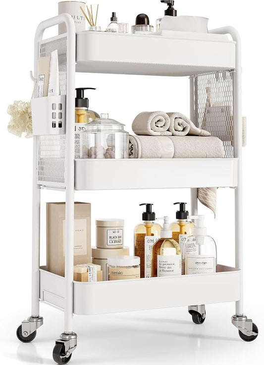 TOOLF 3 Tier Rolling Cart Storage Organizer, Metal Rolling Utility Cart with Wheels, Hooks & Bins Esthetician Craft Art Sturdy Storage with Pegboard for Bathroom, Kitchen, Office, Nursery Diaper