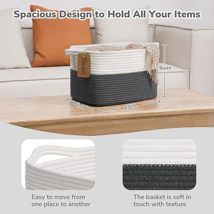 Goodpick Woven Storage Basket for Shelves, Baskets for Organizing, Cotton Rope Baskets with Handles, Rectangle Basket for Baby Toy Storage, 13 x 10 x 9 Inches, White & Dark Gray