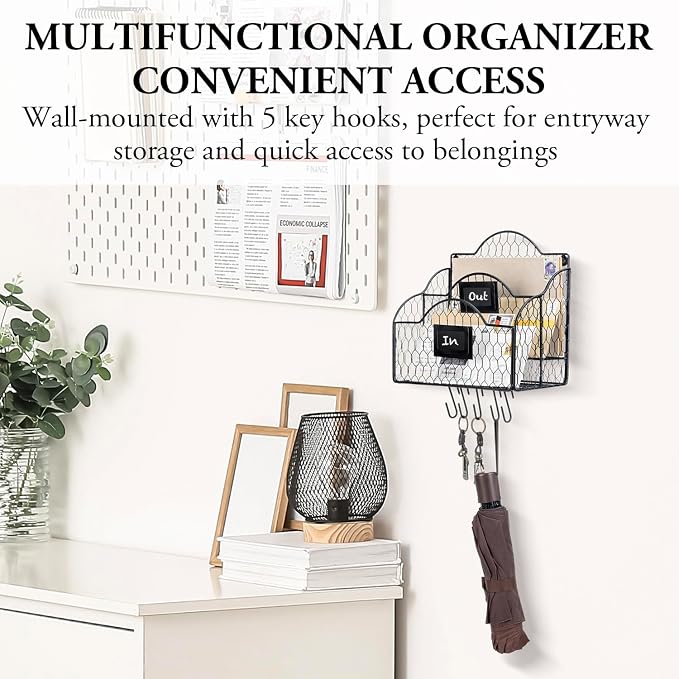 MyGift 2 Compartment Mail Inbox/Outbox Sorter, Wall Mounted Modern Black Metal Wire Entryway Organizer Basket for Mails, Bills and Office Supplies with Chalkboard Labels and 5 Hanging Key Hooks
